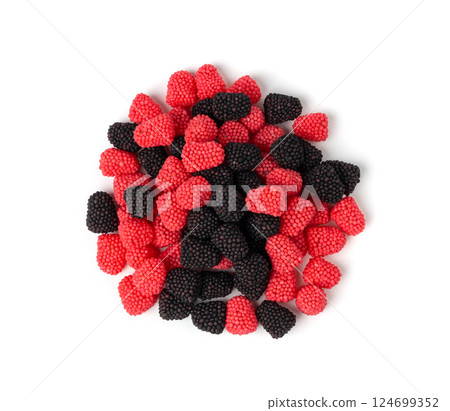 Gummy berries, chewy raspberries or jelly blackberries, gelatin candies fruit marmalade 124699352