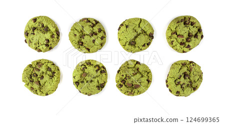 Matcha cookies isolated, green tea biscuits, daifuku powder pastry set on white 124699365