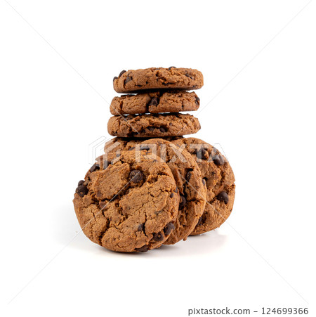 Chocolate chips cookies isolated, American biscuits, cocoa confectionery cake, sweet morsels bakery 124699366