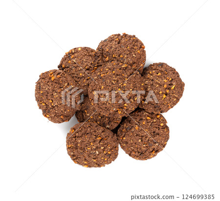 Chocolate oatmeal cookies, healthy cereal oat crackers with nuts, crispy homemade cookie with cocoa powder 124699385