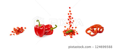 Falling Chopped paprika or red sweet pepper cuts isolated on white background Falling Chopped paprika or red sweet pepper cuts isolated on white background 124699388