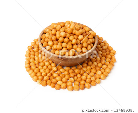 Small pastry balls, fried crispy wheat soup pearls, salad egg puffs or choux pastry Small pastry balls, fried crispy wheat soup pearls, salad egg puffs or choux pastry 124699393