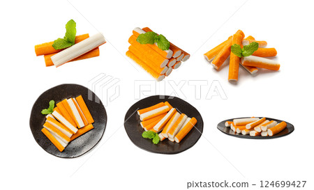Crab Stick Isolated, Orange Crabstick Closeup, Crabmeat Food, Crabmeat Fish Sticks, Crab Sticks 124699427