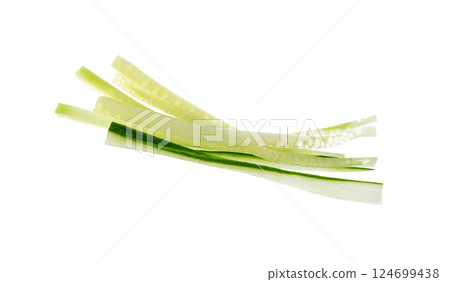 Cucumber cut isolated, cucumber slices macro, green vegetable cuts for salad isolated, healthy fresh pieces 124699438