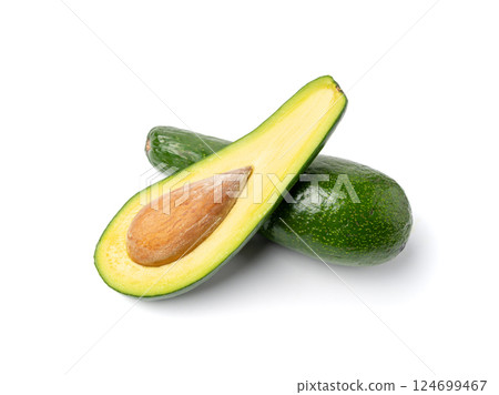 Avocado Isolated, Whole Avokado, Green Avocados Slice, Fresh Alligator Pear, Long Avocado Fruit 124699467