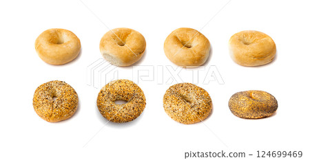 Bagel, Round Bread Bun, Wheat Bakery with Grains And Seeds for Breakfast, Plain Circle Bagel Bread Bagel, Round Bread Bun, Wheat Bakery with Grains And Seeds for Breakfast, Plain Circle Bagel Bread 124699469