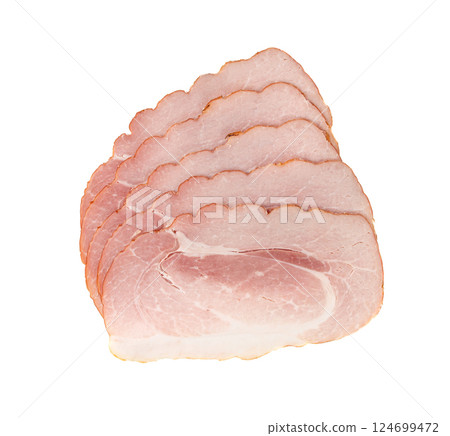 Baked Pork Slices Isolated, Roasted Sliced Loin, Tenderloin Ham Pieces, Boiled Meat Fillet Cuts 124699472