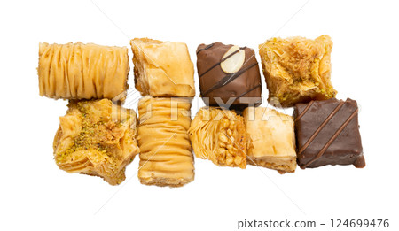 Baklava Isolated, Small Ramadan Dessert, Eastern Sweet Filo Pastries, Turkish Honey Baklawa, Oriental Desert 124699476