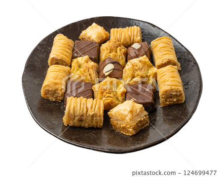Baklava Isolated, Small Ramadan Dessert, Eastern Sweet Filo Pastries, Turkish Honey Baklawa, Oriental Desert 124699477