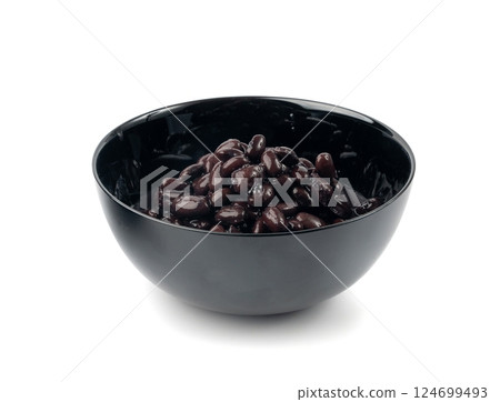Black beans, cooked bean piles, baked legume, canned dark beans, rajma, Phaseolus vulgaris 124699493