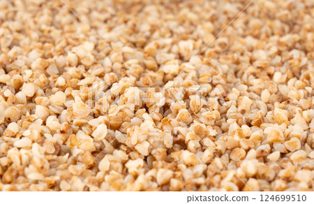Boiled Buckwheat Texture, Cooked Buck Wheat Grains Pattern, Crumbled Porridge Background Boiled Buckwheat Texture, Cooked Buck Wheat Grains Pattern, Crumbled Porridge Background 124699510