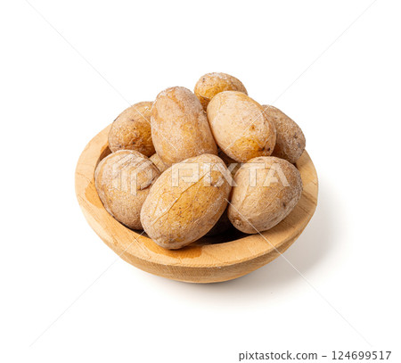 Papas arrugadas sea water boiled potatoes, whole prepared unpeeled vegetables, cooked potato 124699517