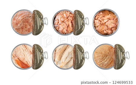 Canned Tuna Isolated, Albacore Fish Chunks in Open Tin Can, Tuna Oil Preserve, Seafood Conserve 124699533