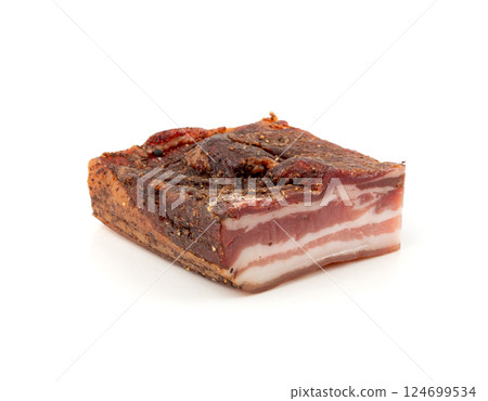 Cured carbonara pork isolated, raw smoked bacon, streaky brisket on white background 124699534