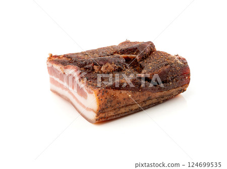 Cured carbonara pork isolated, raw smoked bacon, streaky brisket on white background 124699535