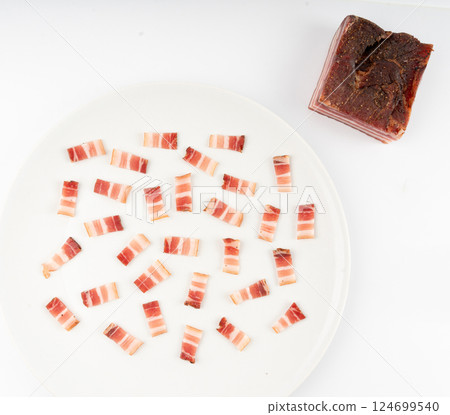 Cured carbonara pork isolated, raw smoked bacon, streaky brisket on white background 124699540