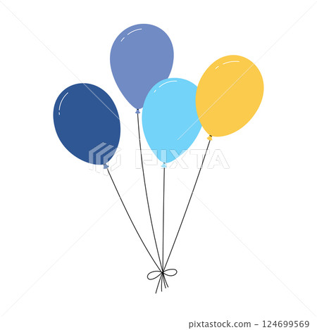 Bundle of balloons with strings, simple doodle outline, floating party decoration for birthday celebration. Flat vector illustration isolated on white background. Bundle of balloons with strings, simple doodle outline, floating party decoration for birthday celebration. Flat vector illustration isolated on white background. 124699569