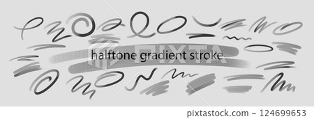 Vector Illustration Set of Various Halftone Gradient Strokes and Scribble Designs on a Light Background 124699653