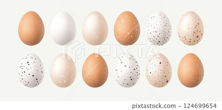 Collection of Speckled and Plain Vector Illustration Egg Designs Displayed In Rows on White Background Collection of Speckled and Plain Vector Illustration Egg Designs Displayed In Rows on White Background 124699654