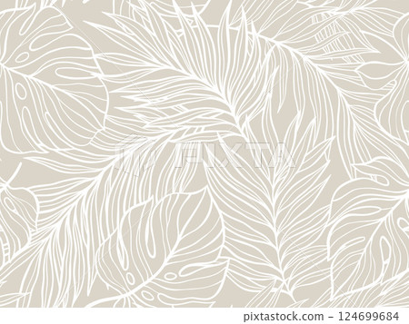 Seamless Pattern of Tropical Foliage in Subtle Beige Tones for Elegant Design Projects. Vector illustration 124699684