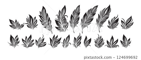 Set of Intricately Designed Black Feather Motifs in Various Styles and Arrangements. Vector illustration Set of Intricately Designed Black Feather Motifs in Various Styles and Arrangements. Vector illustration 124699692