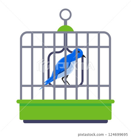blue bird in an iron cage. home feathered pet. blue bird in an iron cage. home feathered pet. 124699695