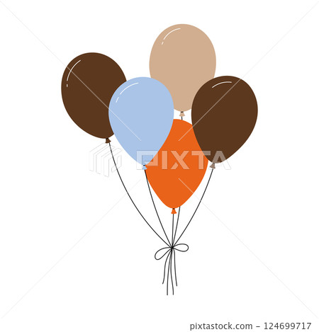 Bundle of colorful balloons with strings, floating party decoration in simple doodle style, birthday celebration icon. Flat vector illustration isolated on white background. 124699717