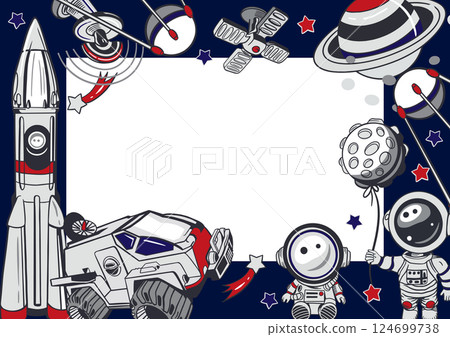 Astronauts, rocket, planets, stars, satellites. Horizontal frame. Hand drawn vector illustration. For Cosmonautics Day cards, invitations, tickets, posters, banners. 124699738