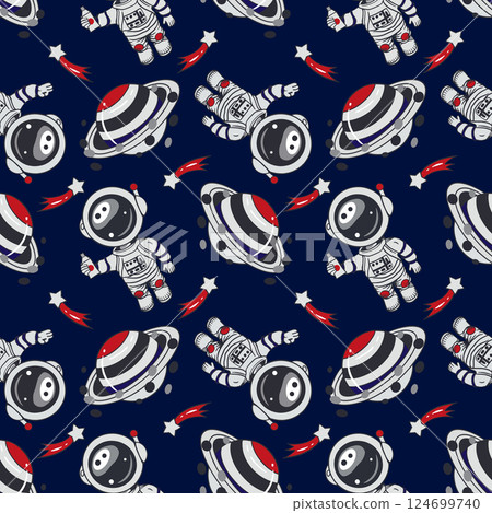 Astronauts, planets, stars, satellites, seamless pattern. Hand drawn vector illustration. For Cosmonautics Day cards, invitations, wallpapers, textiles, fabric, covers, banners. 124699740