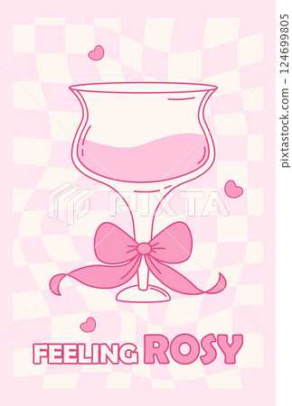 Vintage Coquette Glass Cocktail with Pink Ribbon Bow. Aesthetic Drink on Groovy Twisted Checkered Background. Romantic Girly Vibe. Vector illustration. Trendy vertical poster with Quote Slogan Vintage Coquette Glass Cocktail with Pink Ribbon Bow. Aesthetic Drink on Groovy Twisted Checkered Background. Romantic Girly Vibe. Vector illustration. Trendy vertical poster with Quote Slogan 124699805