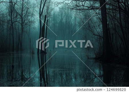 Ethereal scene of a flooded forest with bare trees reflected in still water, bathed in an eerie turquoise light, creating a mysterious and haunting atmosphere 124699820