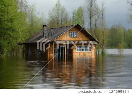 A wooden cabin partially submerged in floodwater, surrounded by trees with fresh spring foliage, reflecting the impact of natural disasters on rural homes 124699824