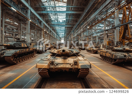 Rows of tanks line the interior of a vast military manufacturing facility, showcasing the industrial scale of defense production with high ceilings and complex machinery 124699826