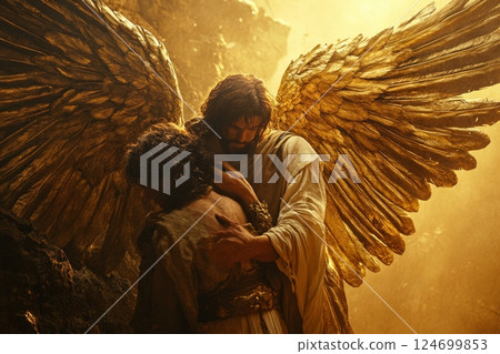 Tender moment of an angelic figure with golden wings embracing a person, bathed in warm ethereal light, symbolizing divine love and protection 124699853