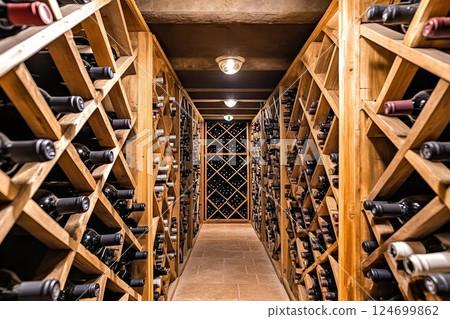 Interior of a well-organized wine cellar with wooden racks filled with wine bottles, creating a symmetrical perspective down a long corridor 124699862