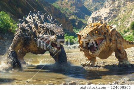 A primeval Ankylosaurus creature stands guard over its territory, its intimidating spiked shell and menacing demeanor warning off any potential trespassers A primeval Ankylosaurus creature stands guard over its territory, its intimidating spiked shell and menacing demeanor warning off any potential trespassers 124699865