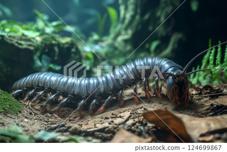 An Arthropleura cautiously navigates the intricate, leaf-strewn forest floor, its segmented body undulating across the rich, loamy soil 124699867