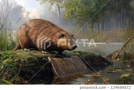 A solitary Castoroides giant beaver rests on a mossy log jutting out from the still waters of a verdant, forested pond 124699872