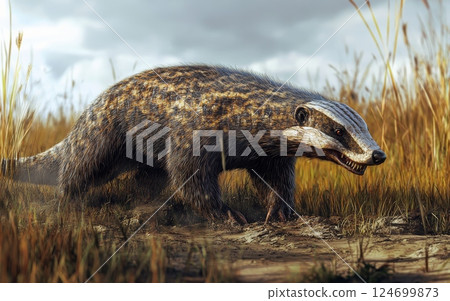 A formidable, prehistoric badger-like creature navigates the tall grasses and rocky terrain of its natural habitat, its keen senses and imposing presence commanding attention 124699873