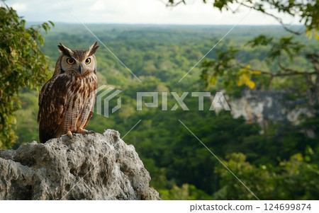 A magnificent Cuban giant owl perches boldly on the edge of a rocky cliff, its piercing gaze and striking features commanding attention against the dramatic mountainous backdrop 124699874
