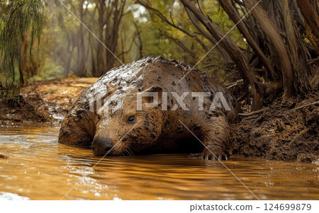 A large, prehistoric marsupial wallows in muddy water within a sunlit woodland, showcasing the behavior and habitat of this ancient Australian megafauna A large, prehistoric marsupial wallows in muddy water within a sunlit woodland, showcasing the behavior and habitat of this ancient Australian megafauna 124699879