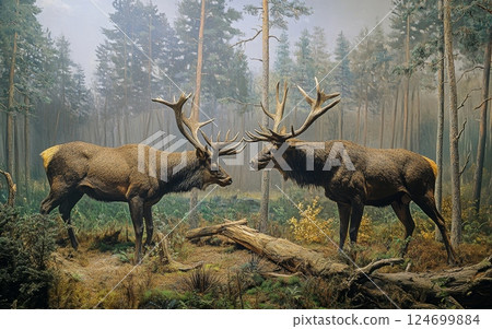 Majestic Eucladoceros, towering prehistoric deer, emerge from the mist-shrouded trees of a dense, boreal forest, their presence commanding the serene landscape 124699884