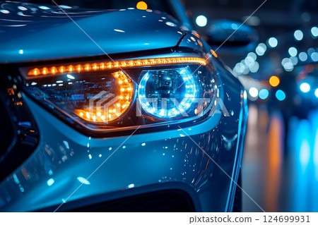 Close-up view of a blue car's headlight with illuminated orange and blue LED accents at night 124699931