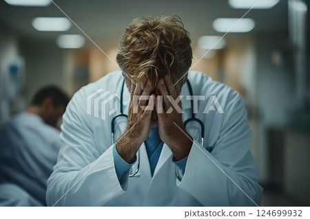 A mature Caucasian male doctor sits with his hands covering his face, appearing stressed and overwhelmed 124699932