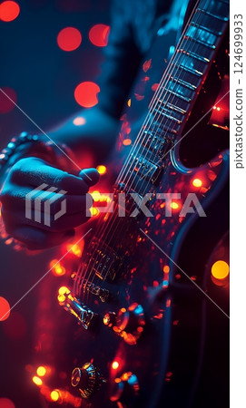 A young adult male's hands play an electric guitar in a dimly lit room with red and blue lights A young adult male's hands play an electric guitar in a dimly lit room with red and blue lights 124699933