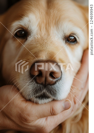 A mature Caucasian male's hand gently cradles a golden retriever's muzzle 124699943