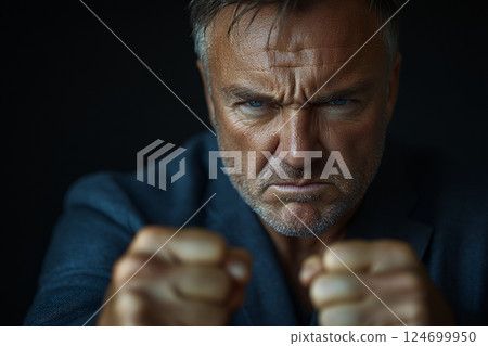 A mature Caucasian male with a fierce expression clenches his fists in a close-up portrait 124699950