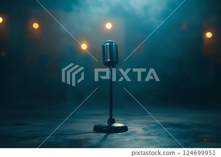 A vintage microphone on a stand sits alone on a dimly lit stage with a smoky atmosphere 124699951