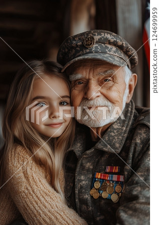 An elderly Caucasian male veteran in uniform embraces a young Caucasian girl 124699959