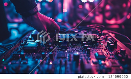 A young Caucasian male's hand carefully installs a component onto an electronic circuit board in a vibrant, neon-lit setting 124699960